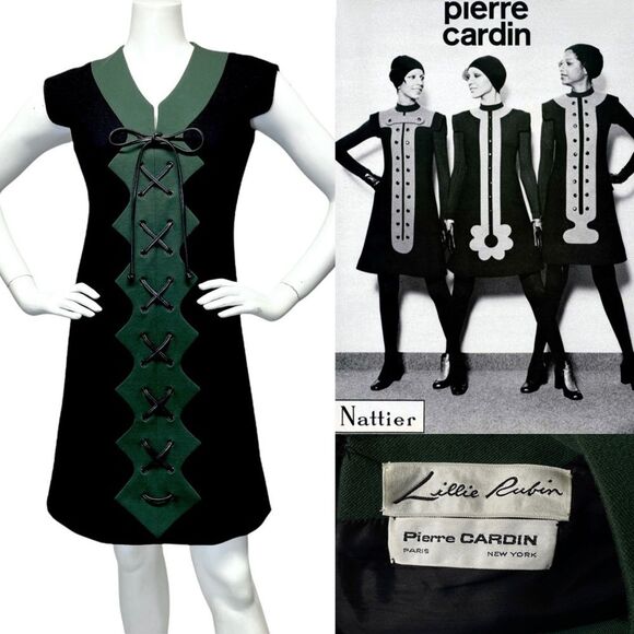 Vintage PIERRE CARDIN Lillie Rubin Mod Space Age 60s Dress S 4 Leather Lace Up - Picture 1 of 16